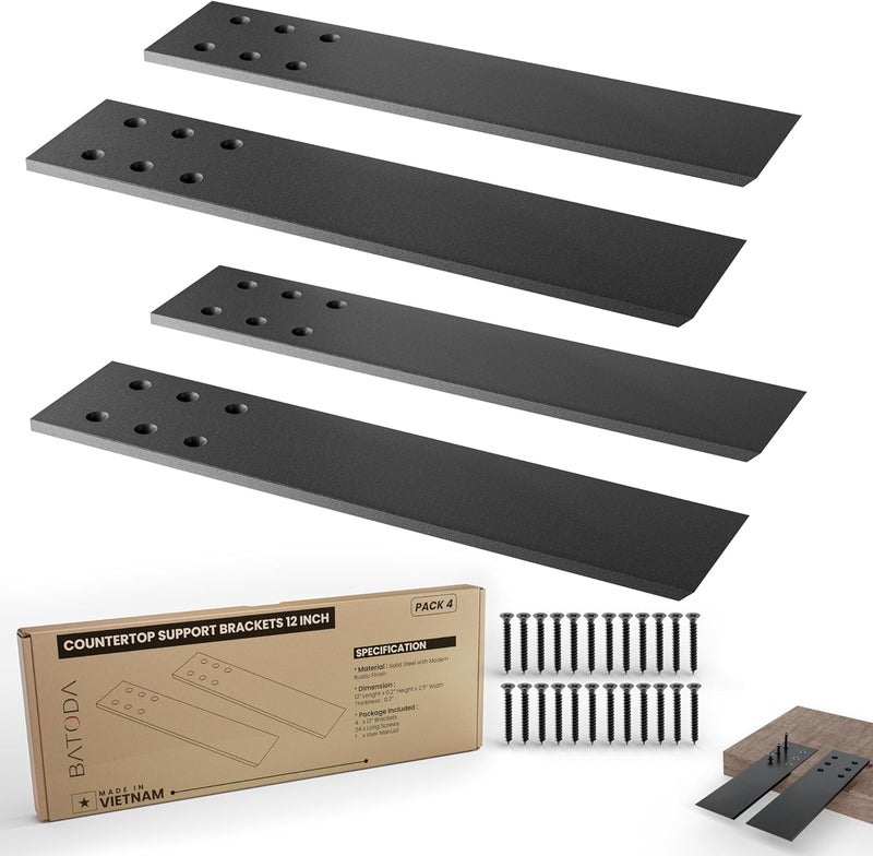 BATODA 12" Countertop Support Brackets (4 pcs) for Granite - Heavy Duty L Shelf Bracket - Wall Mounted Support for DIY Open Shelving – Knee Wall Support - Mounting Hardware Included ( Pack 4 ) - Image 1